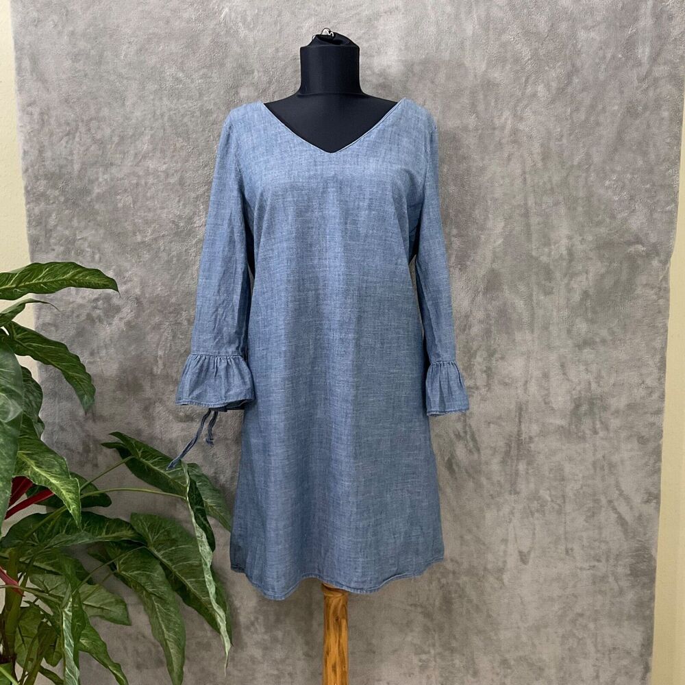 J Crew Chambray Shift Dress women’s size 8 Bell tie Long Sleeves Blue